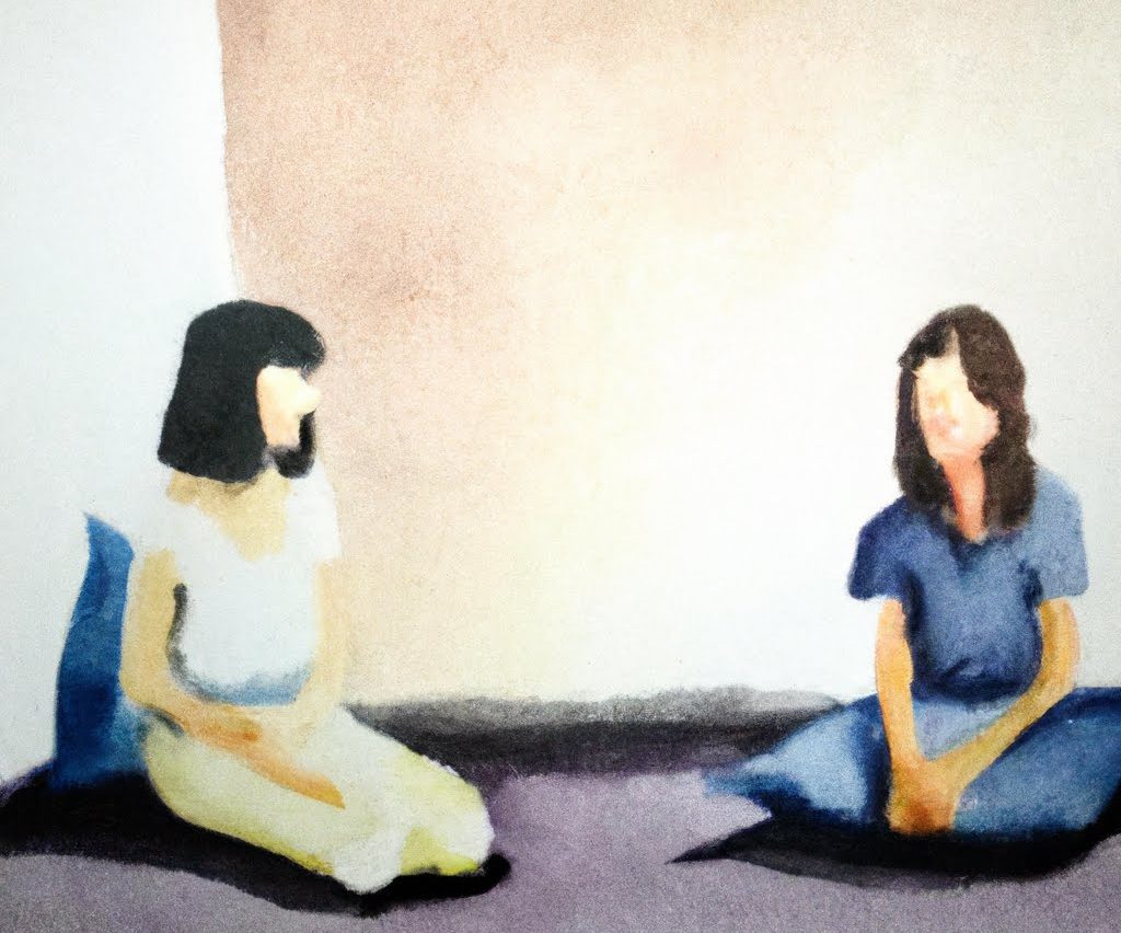 Una acuarela de dos mujeres hablando